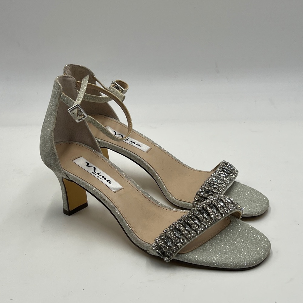 Nina Silver Embellished Heels with Ankle Strap 7.5